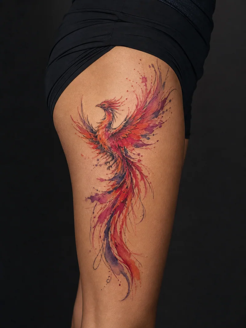 Watercolor phoenix tattoo - a rising phoenix with flowing translucent feather strokes
