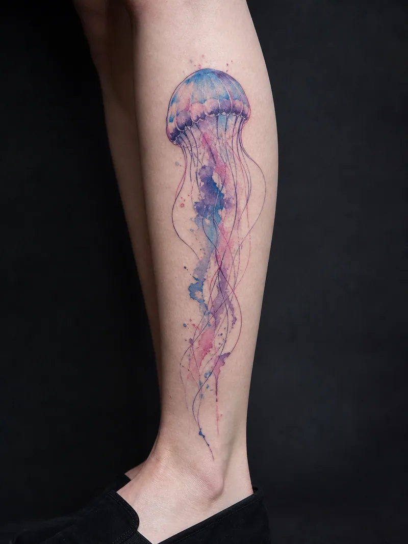 Watercolor jellyfish tattoo - a translucent jellyfish trailing through fine tentacle lines