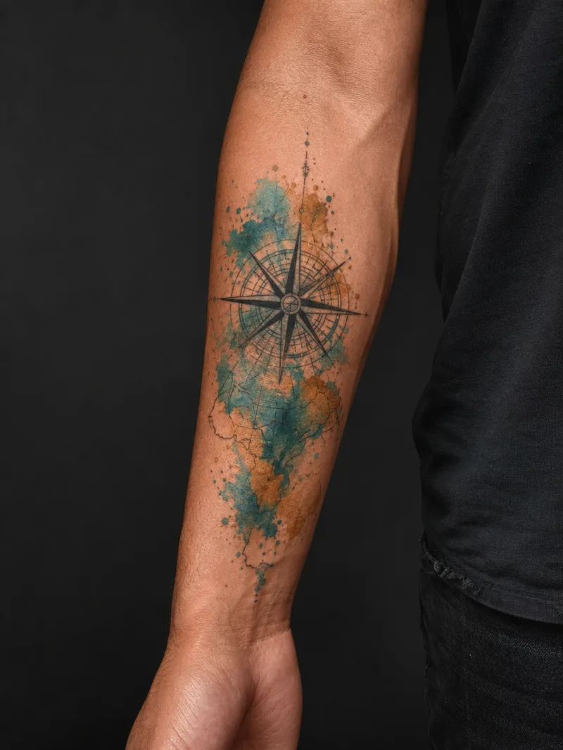 Watercolor compass tattoo - a compass rose dissolving into an abstract map wash
