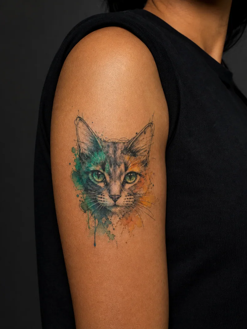 Watercolor cat tattoo - a cat portrait with grey sketch lines and vivid color around the eyes