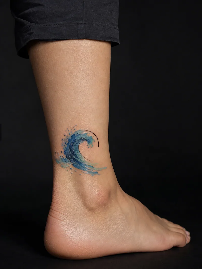 Watercolor wave tattoo - a curling wave with a clean crest and translucent blue wash