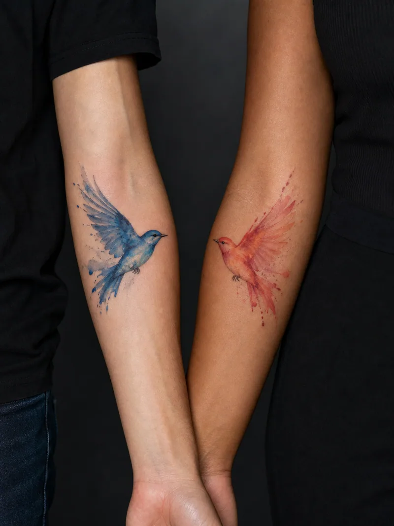 Matching watercolor tattoos - two distinct watercolor birds flying toward each other
