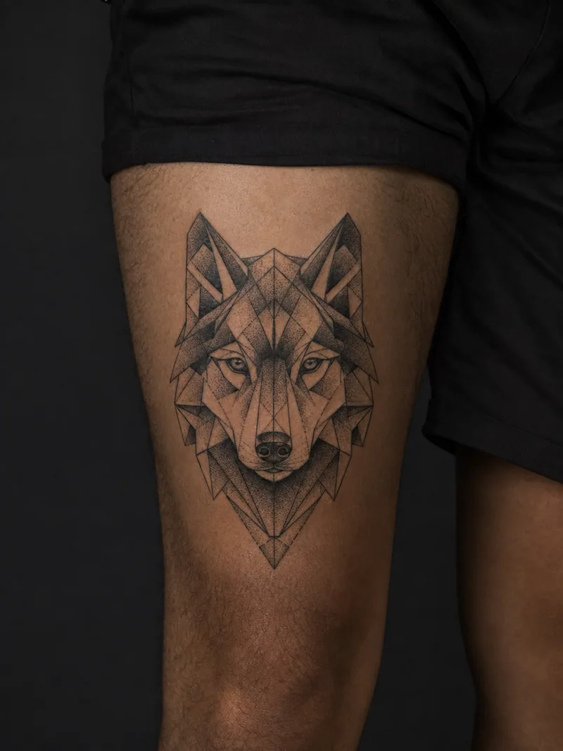 Geometric wolf tattoo - wolf portrait built from clean facets and precise dot shading
