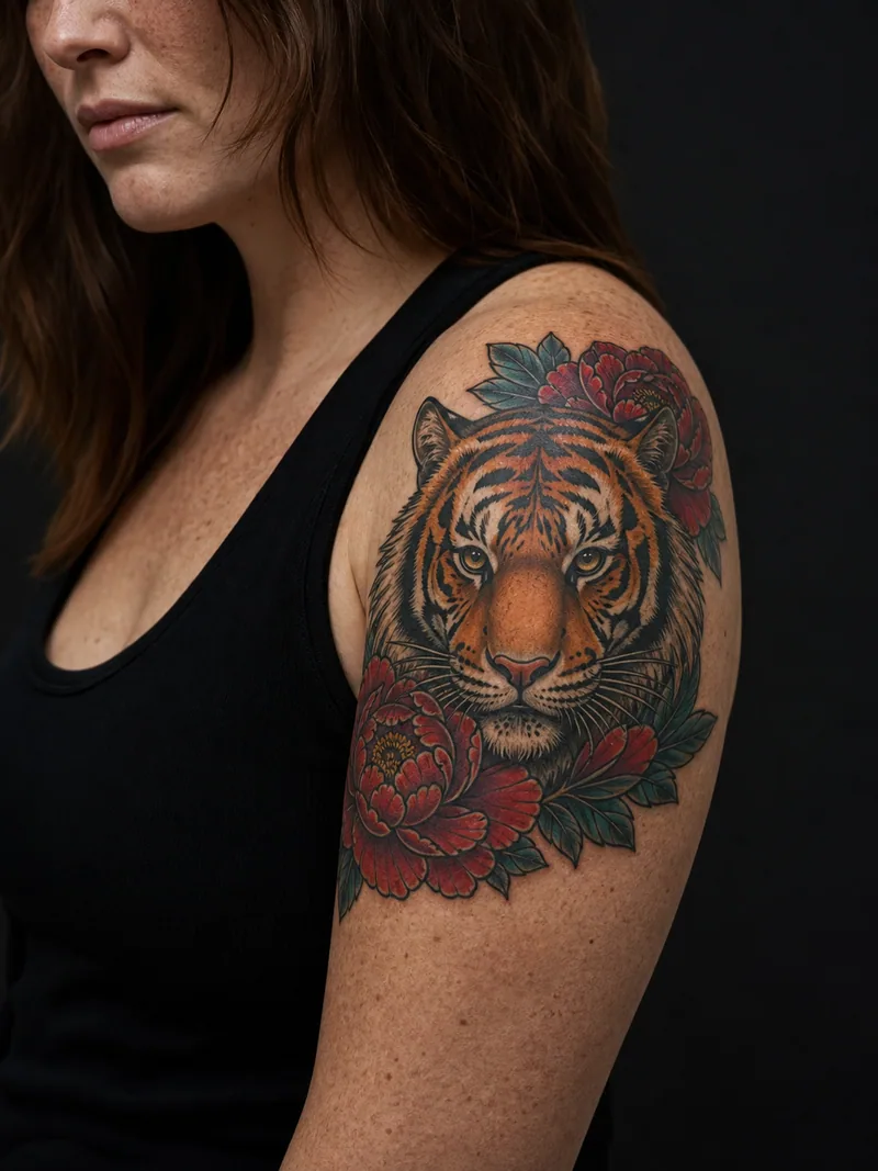 Elephant upper arm tattoo - realistic elephant portrait balanced with leaves and geometric detail
