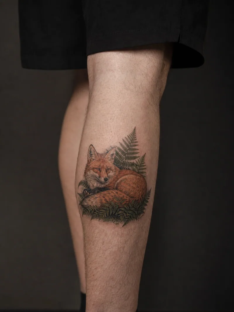 Fox calf tattoo - alert red fox framed by woodland ferns on the calf