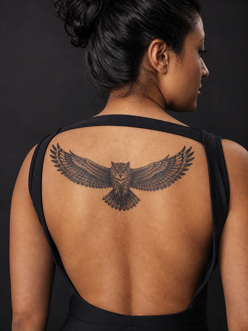 Owl back tattoo - owl in flight with a strong symmetrical wingspan across the upper back