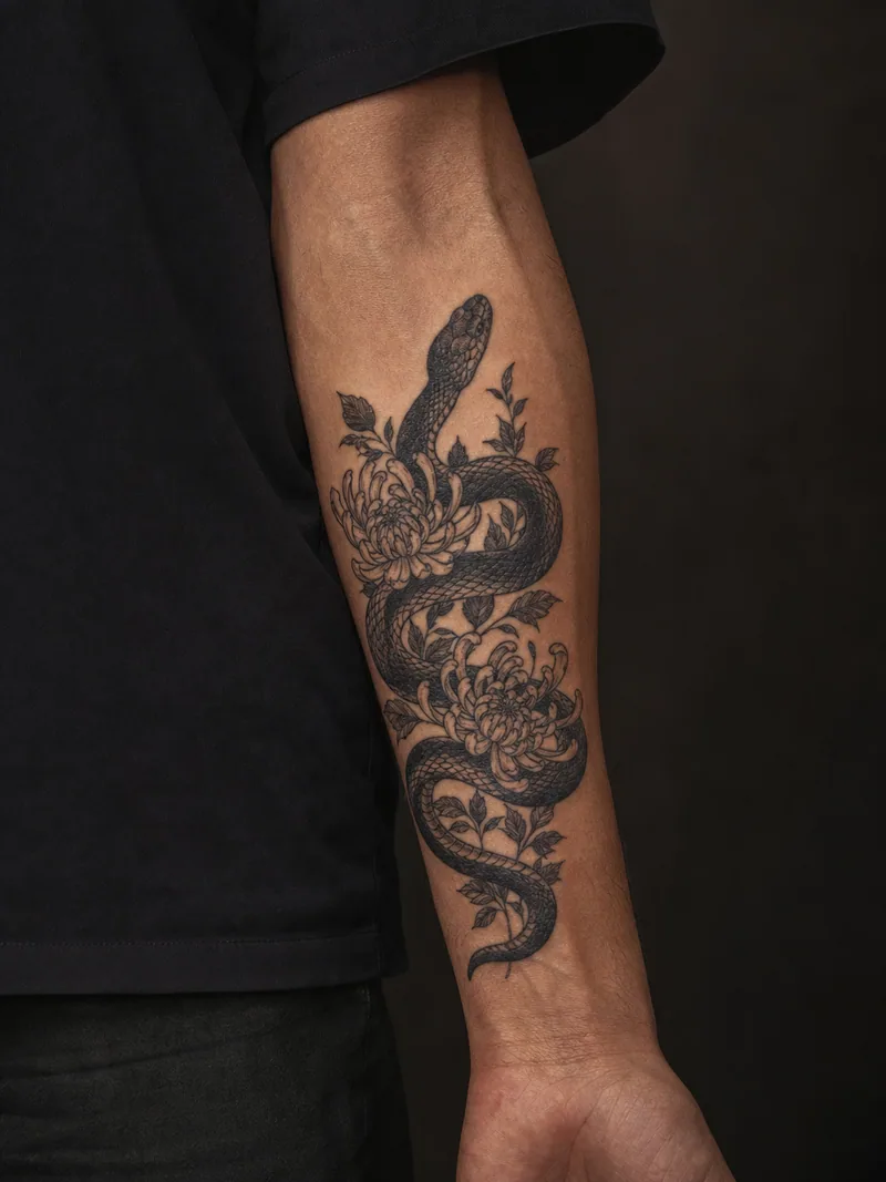 Snake and chrysanthemum tattoo - flowing snake woven through chrysanthemum petals along the forearm