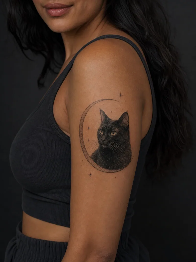 Black cat tattoo - black cat portrait framed by a crescent moon and tiny stars