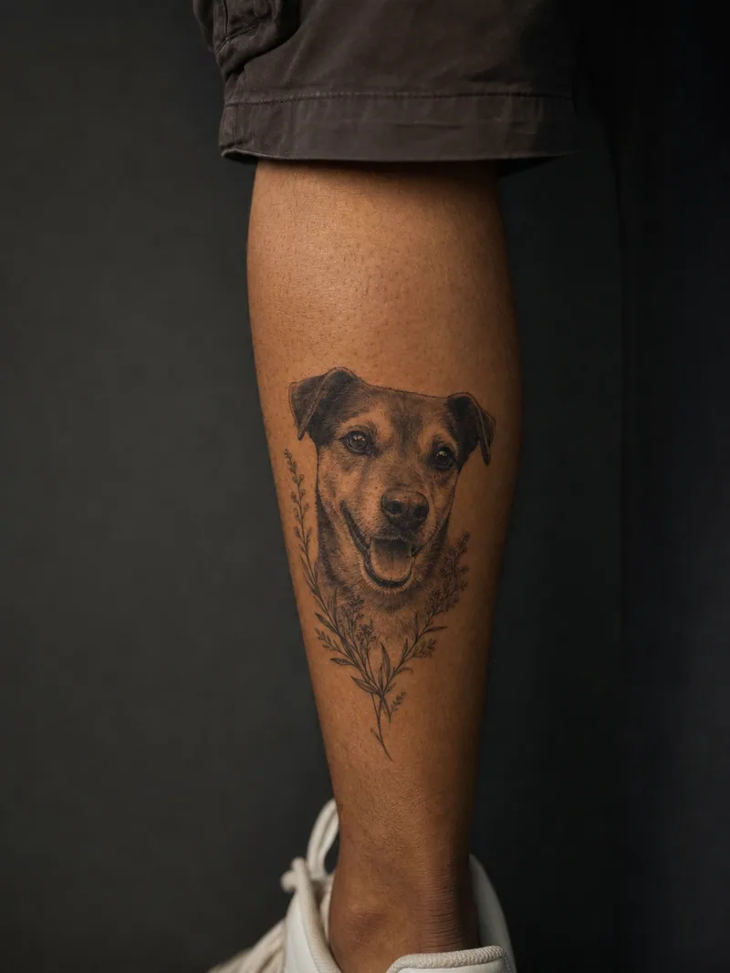 Dog portrait tattoo - friendly dog portrait softened with delicate botanical sprigs