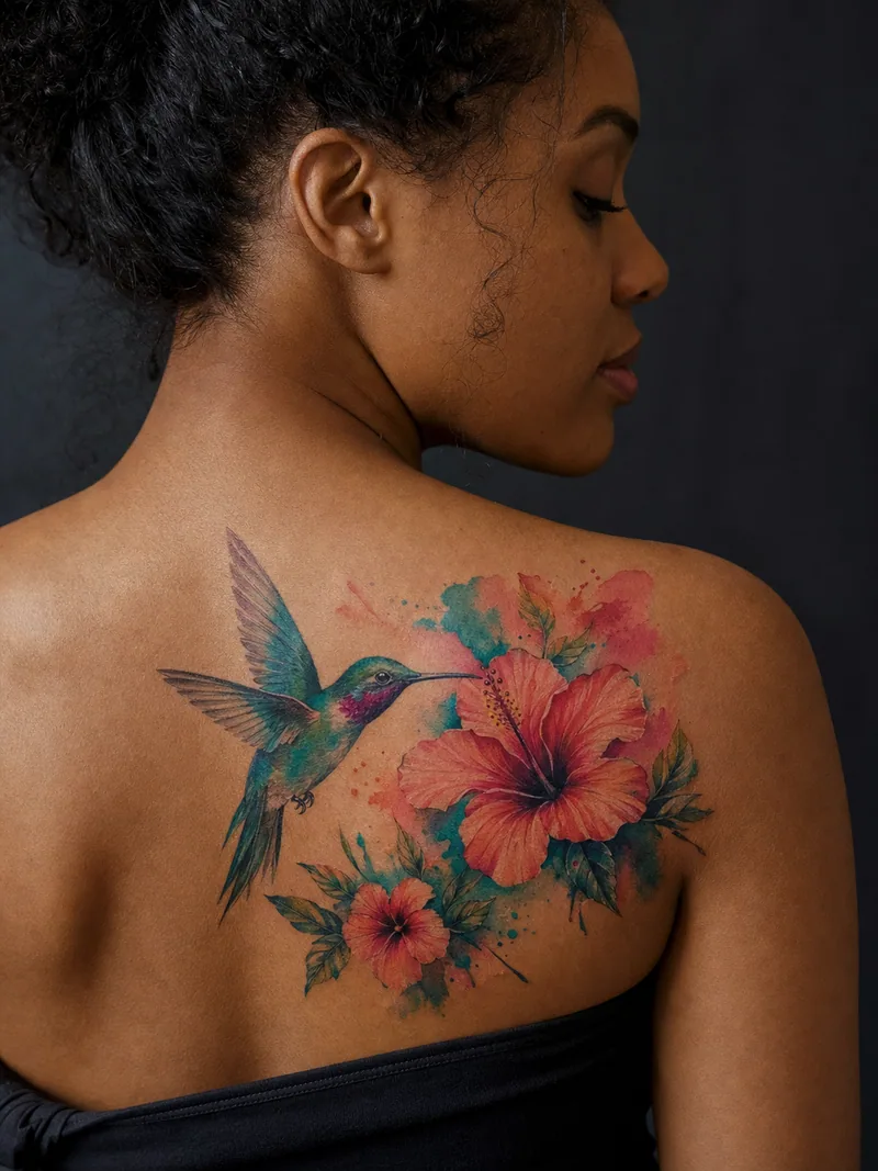 Hummingbird and hibiscus tattoo - hummingbird hovering beside bright hibiscus flowers and painterly splashes