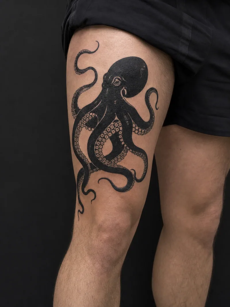 Octopus thigh tattoo - bold octopus with flowing tentacles and graphic negative space