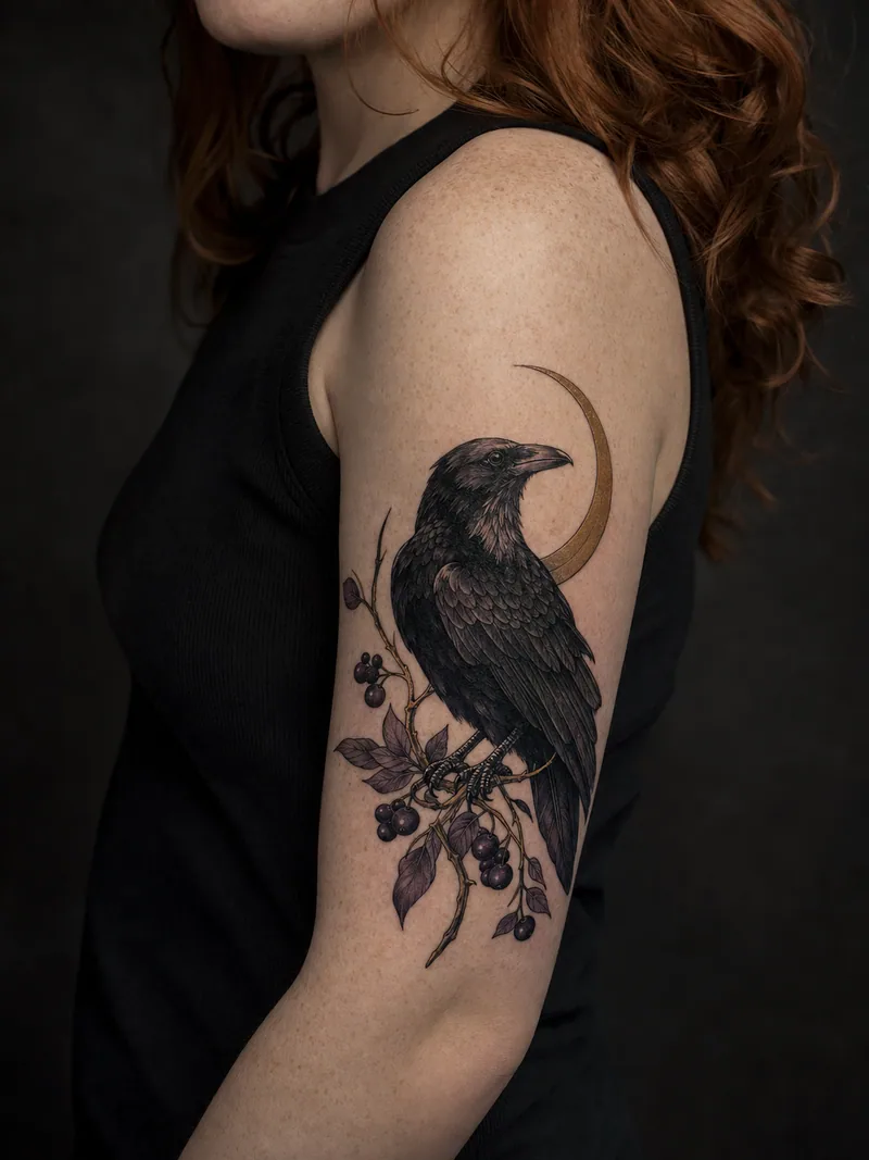 Raven upper arm tattoo - raven perched among dark berries in front of a slim crescent moon