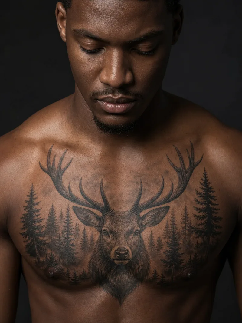 Stag chest tattoo - stag with branching antlers emerging from a quiet pine forest