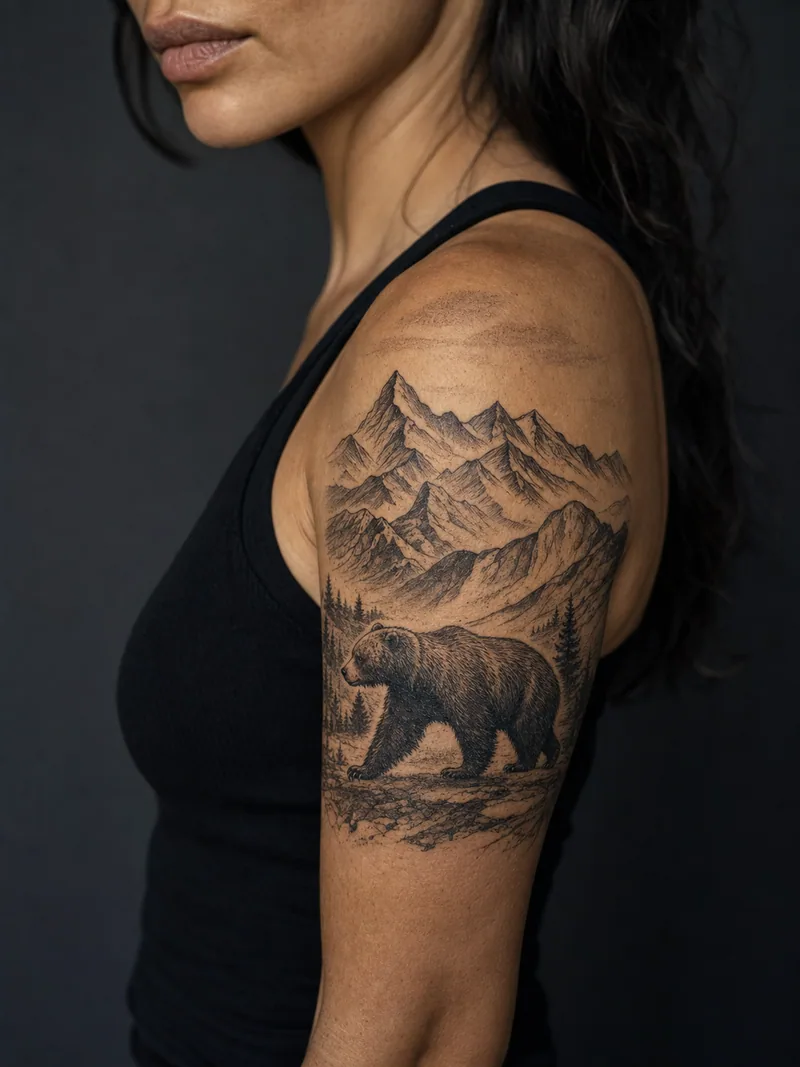Bear and mountain tattoo - walking bear beneath layered mountain peaks and pine trees