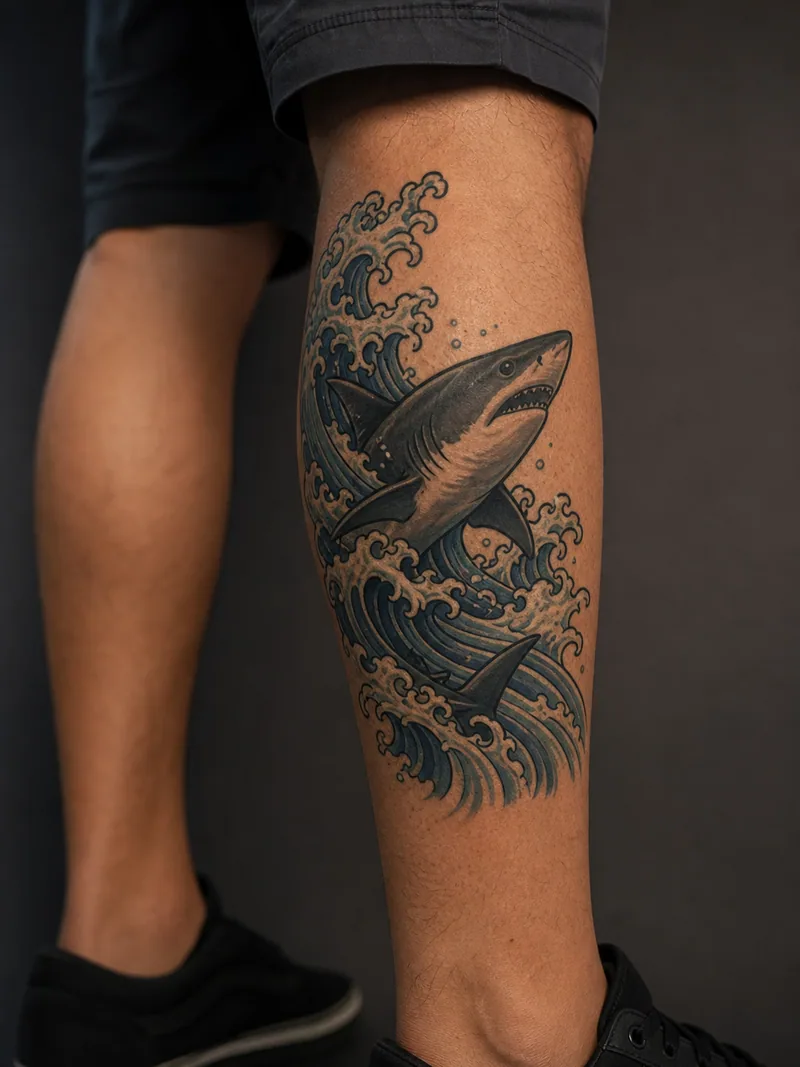 Shark and wave tattoo - dynamic shark cutting through layered waves in a vertical composition
