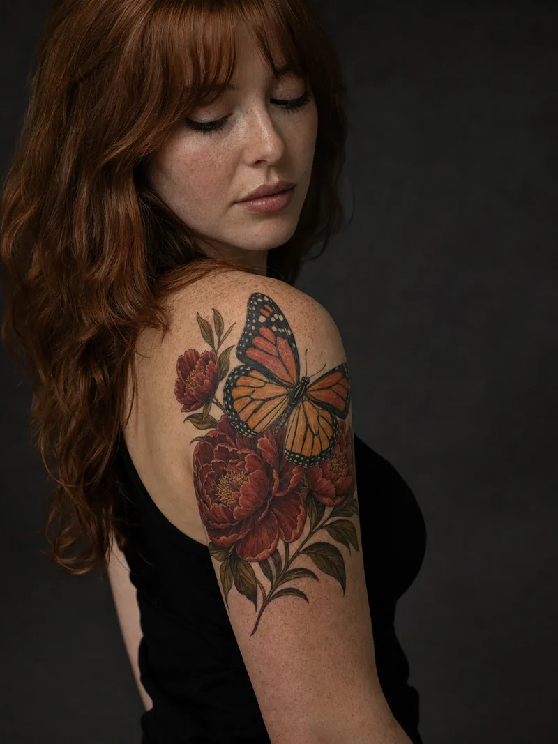 Monarch butterfly tattoo - vivid monarch resting among red peonies and olive leaves
