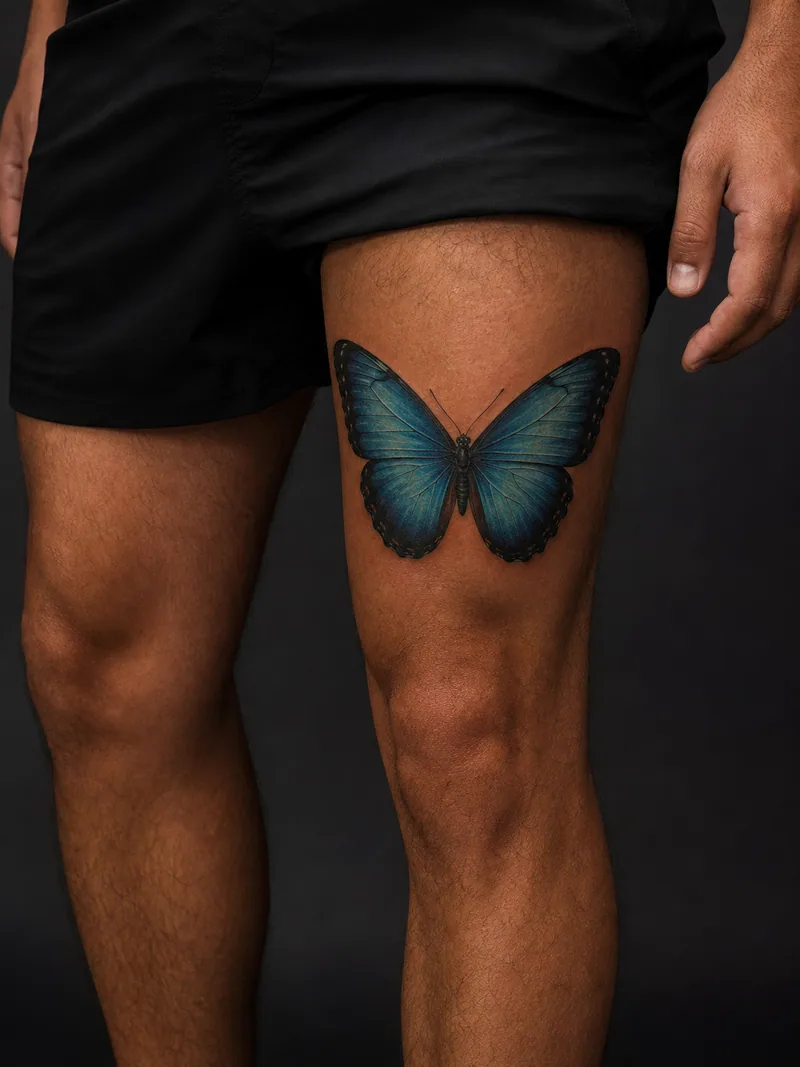 Blue butterfly thigh tattoo - realistic blue morpho with open iridescent wings and crisp dark edges