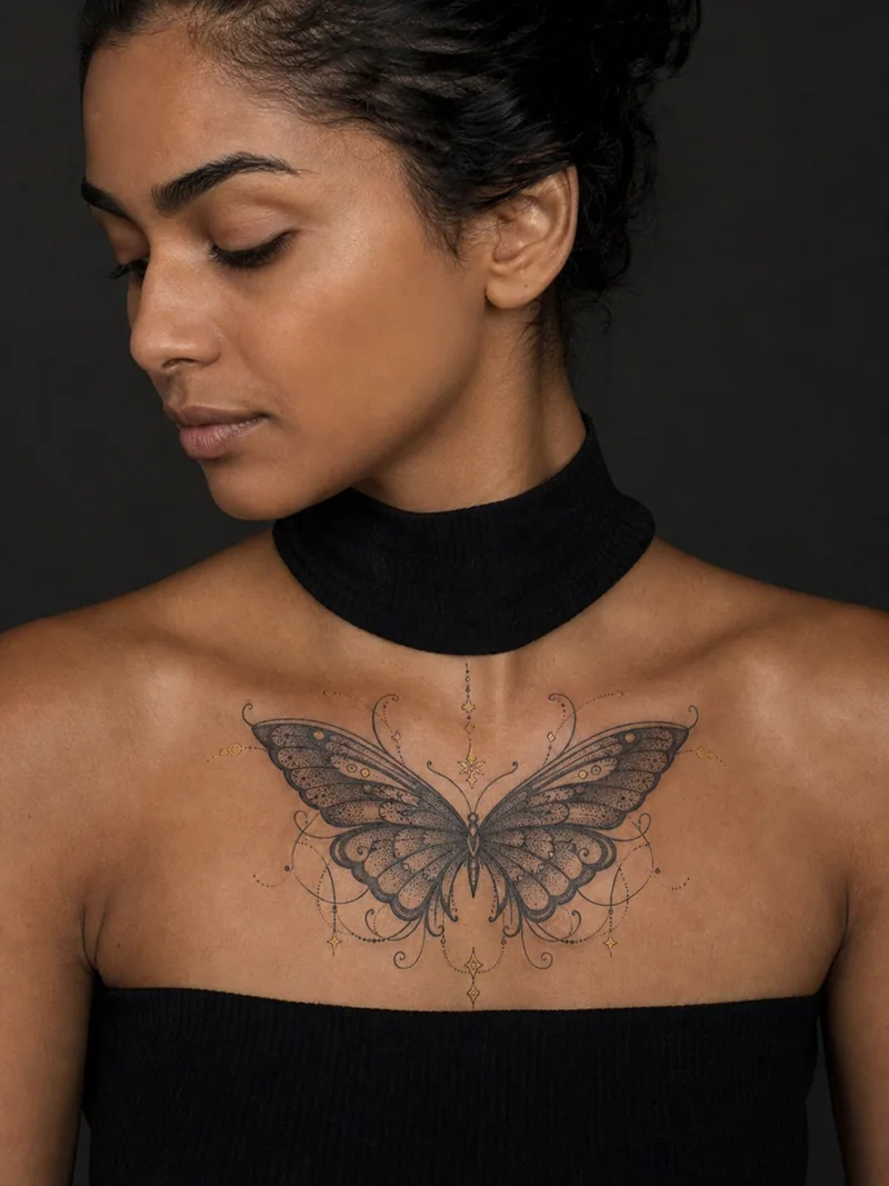 Ornamental butterfly tattoo - symmetrical butterfly with precise dot shading and delicate ornament