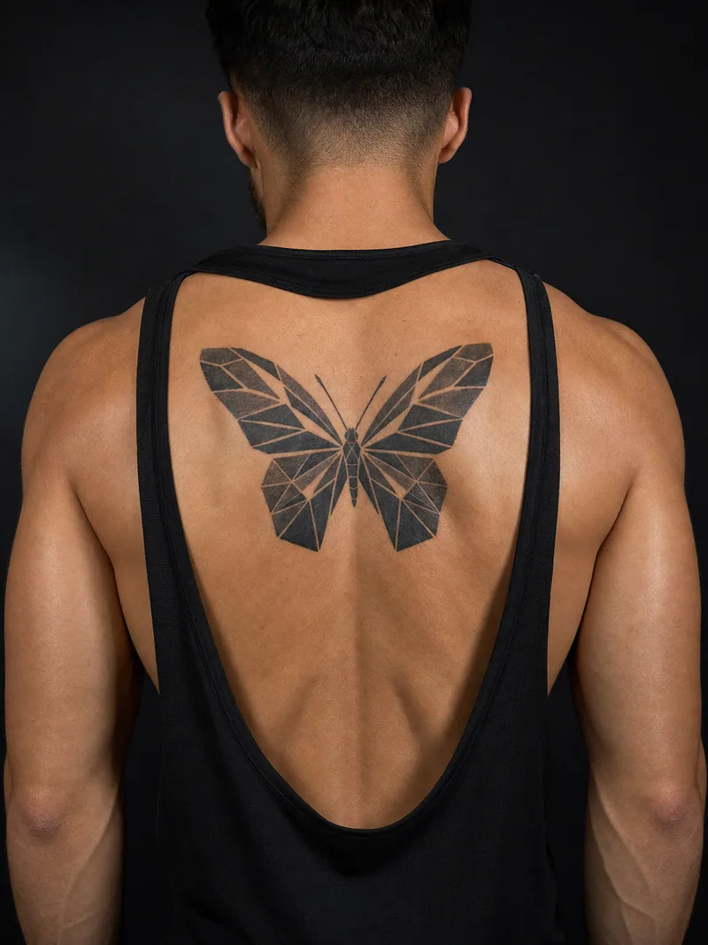 Geometric butterfly tattoo - large butterfly wings built from precise facets and negative space