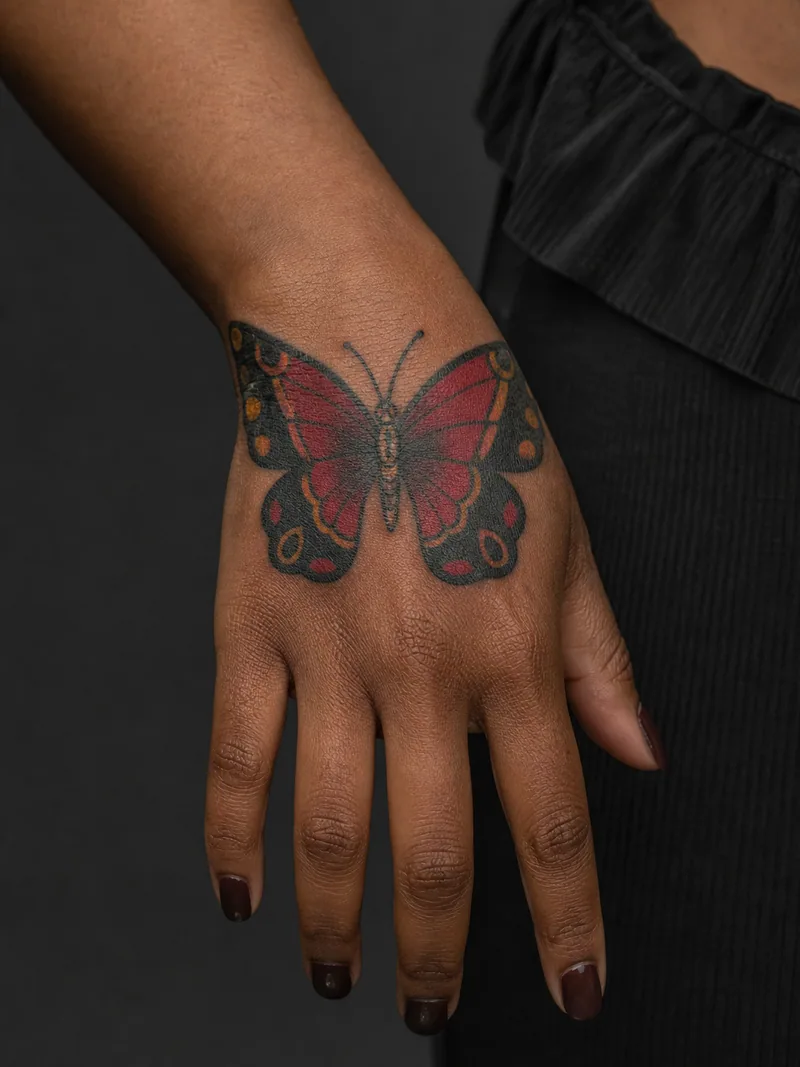 Traditional butterfly hand tattoo - bold butterfly with thick outlines and classic colour packing
