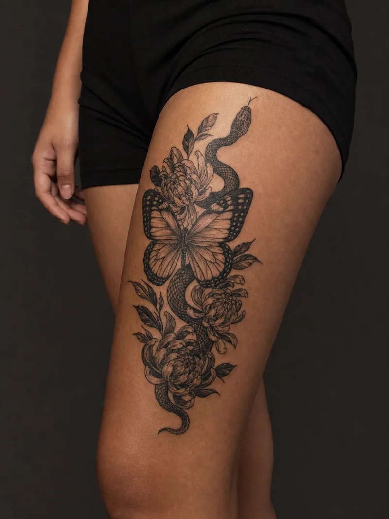 Snake and butterfly tattoo - snake woven behind a large butterfly and dark chrysanthemums