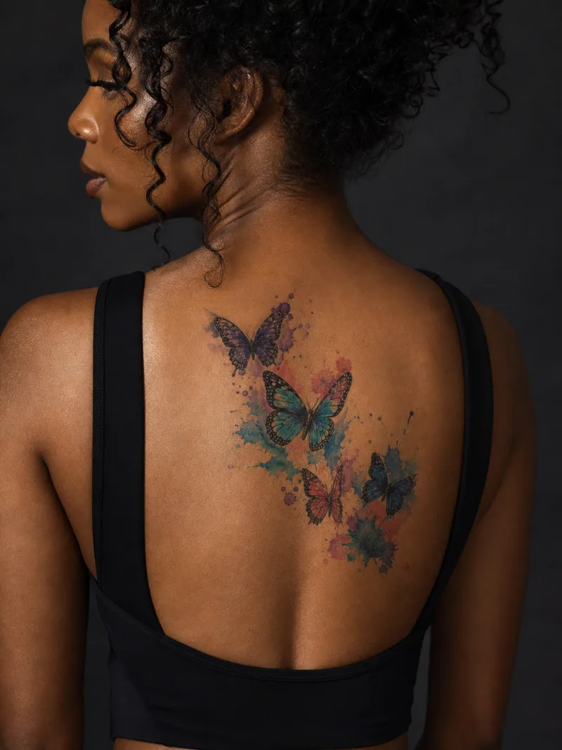Watercolor butterfly tattoo - five butterflies crossing the shoulder blade through painterly colour splashes