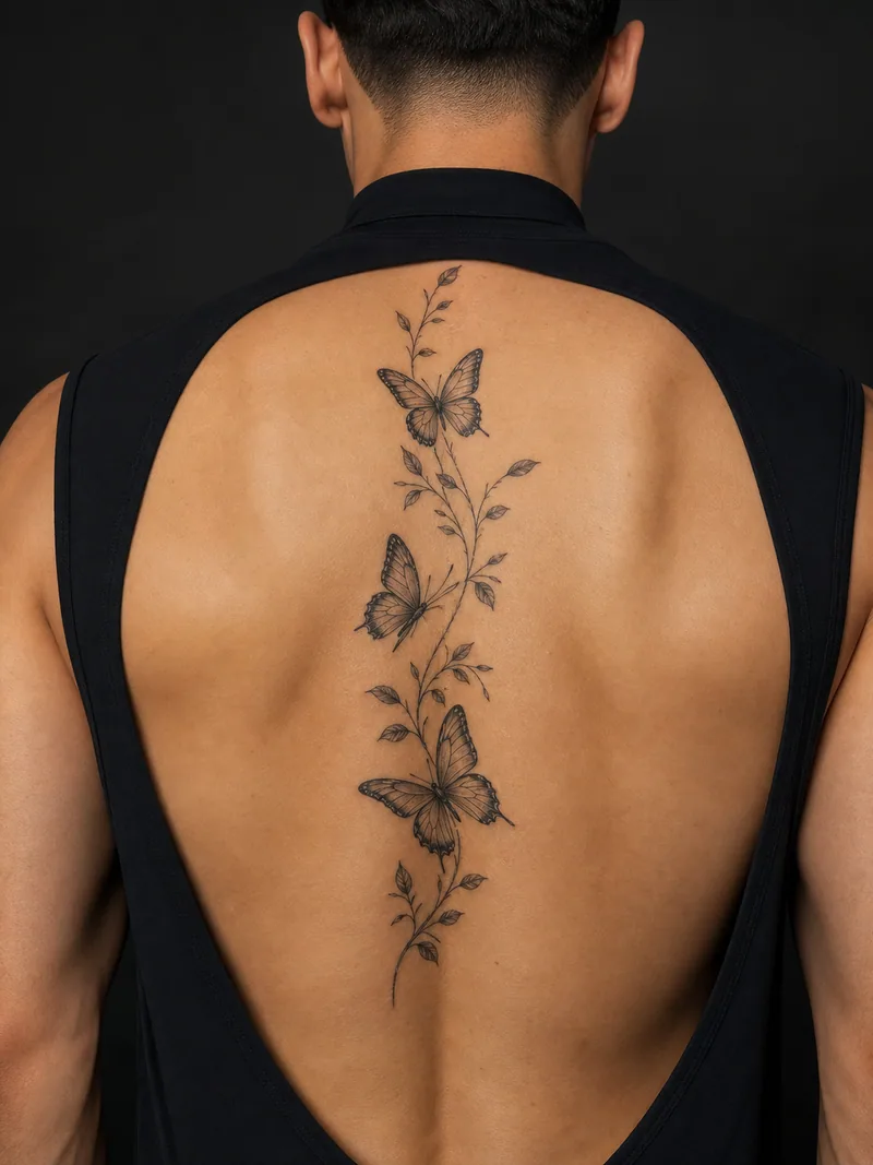 Butterfly spine tattoo - vertical vine with three butterflies shown at different angles