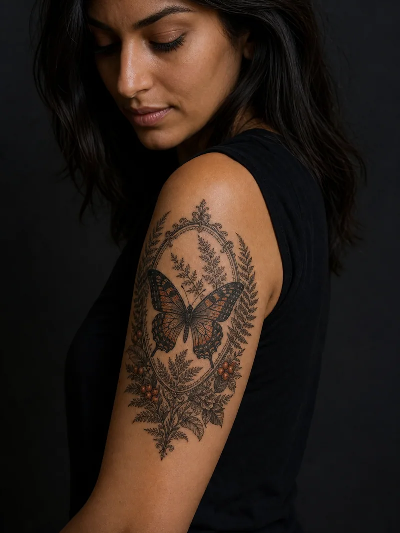 Botanical butterfly tattoo - Victorian specimen framed by fern leaves and small berries
