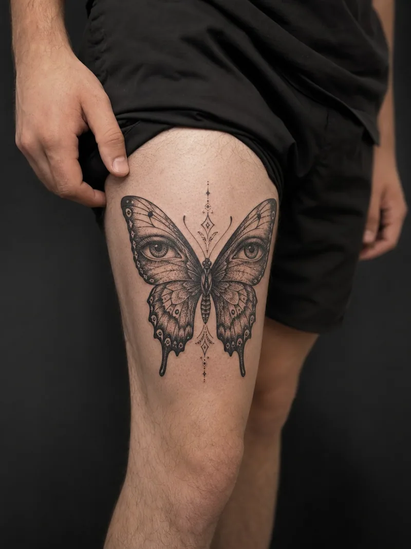 Butterfly eye tattoo - surreal butterfly with a realistic eye centred in each upper wing