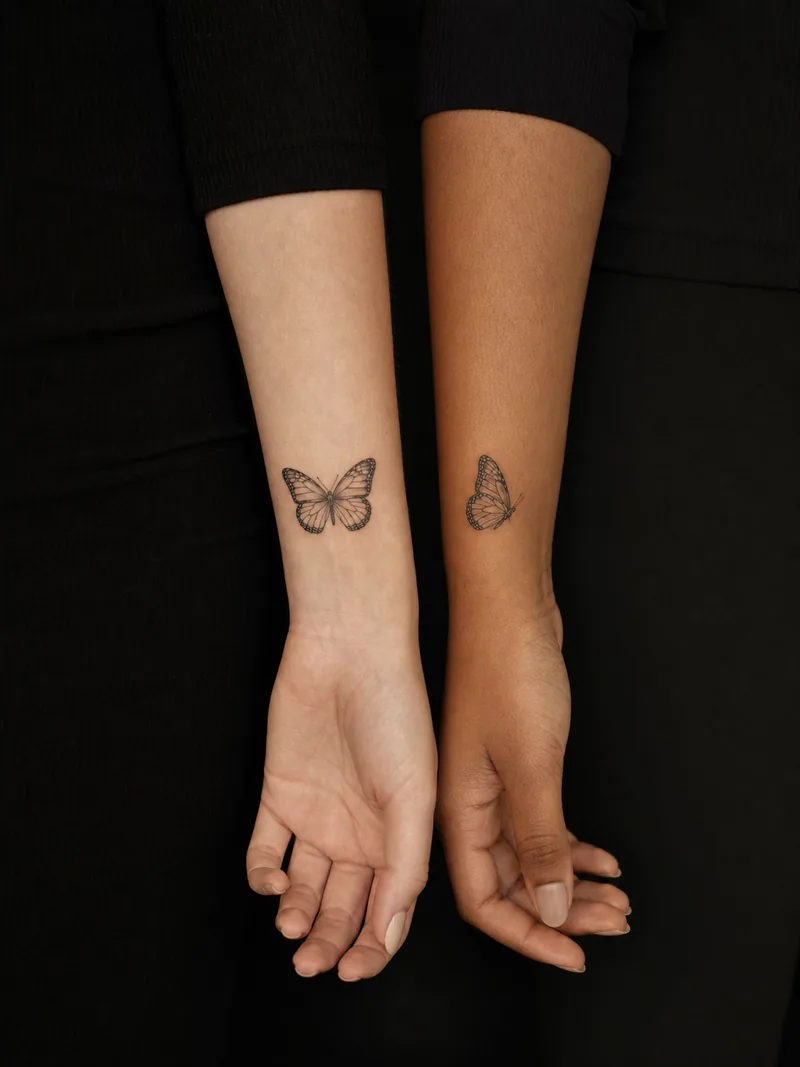 Matching butterfly tattoos - complementary small butterflies with open and side-profile wings