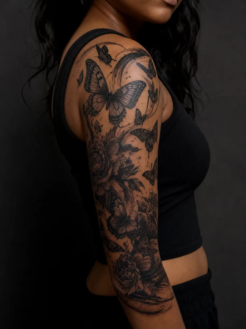 Butterfly half sleeve tattoo - flowing butterfly swarm, dark peonies and sweeping ink textures