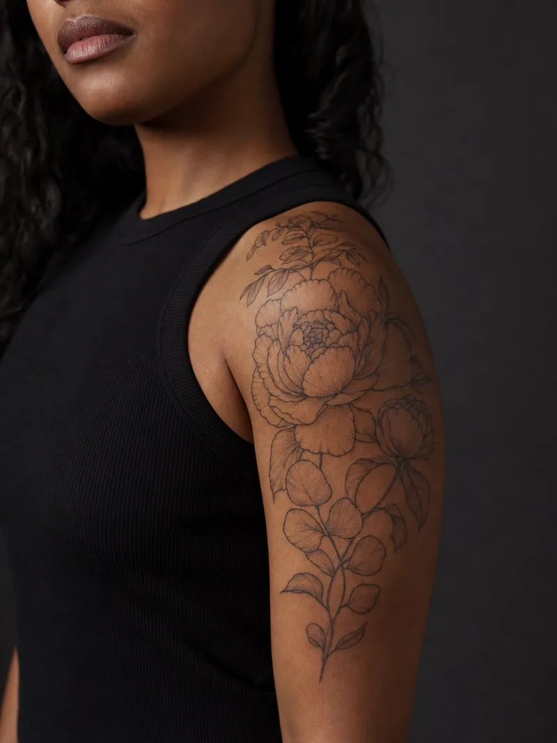 Fine line peony tattoo - large peony and eucalyptus flowing naturally over the shoulder