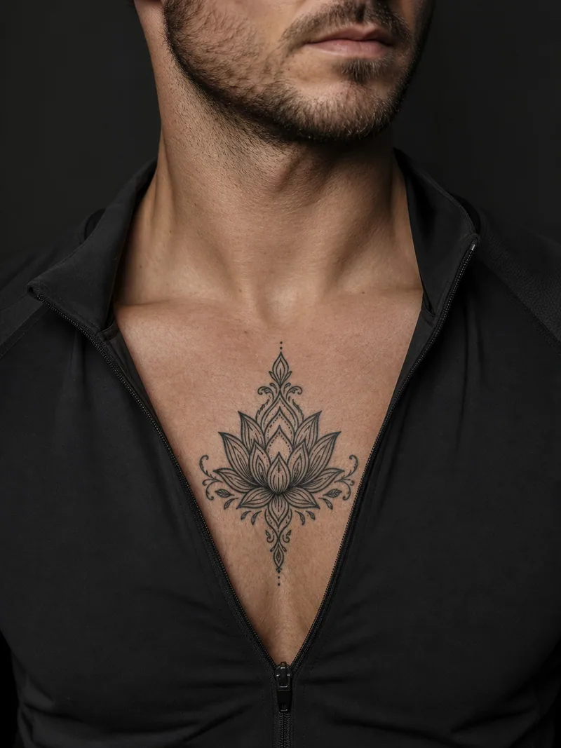 Lotus sternum tattoo - symmetrical lotus framed by clean ornamental leaves