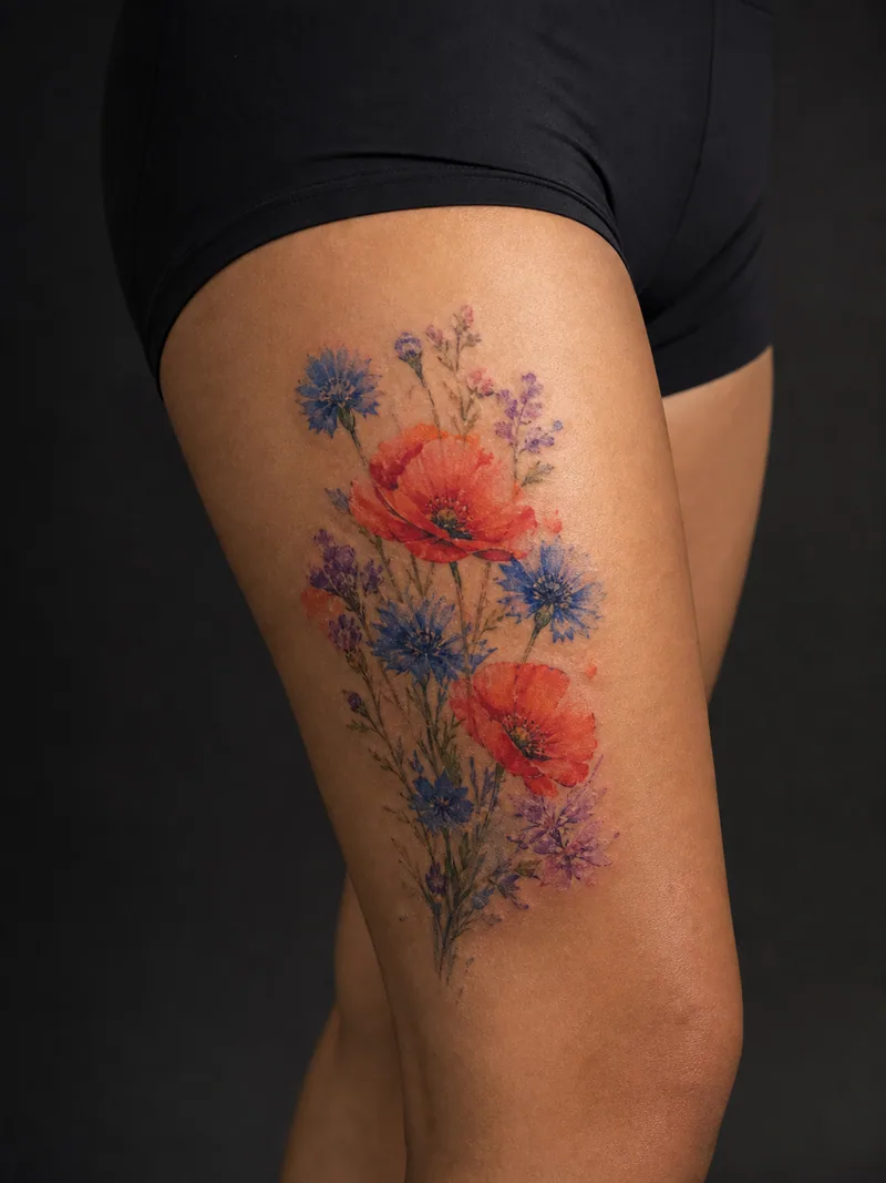 Watercolor wildflower tattoo - poppies and cornflowers arranged as a loose painterly bouquet