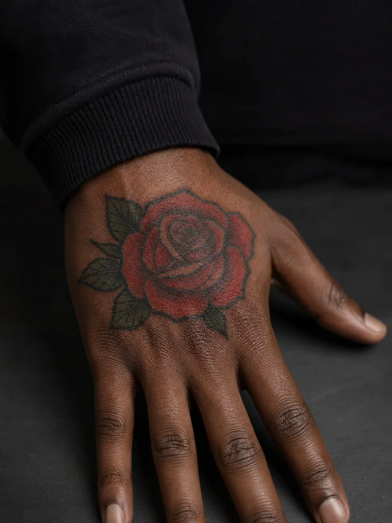 Traditional rose hand tattoo - bold red rose with classic leaves and a strong dark outline
