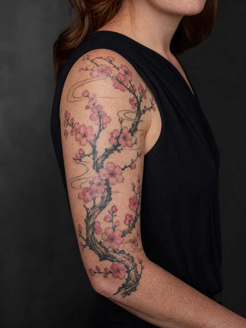 Cherry blossom sleeve tattoo - pink cherry blossoms growing along dark branches and wind bars