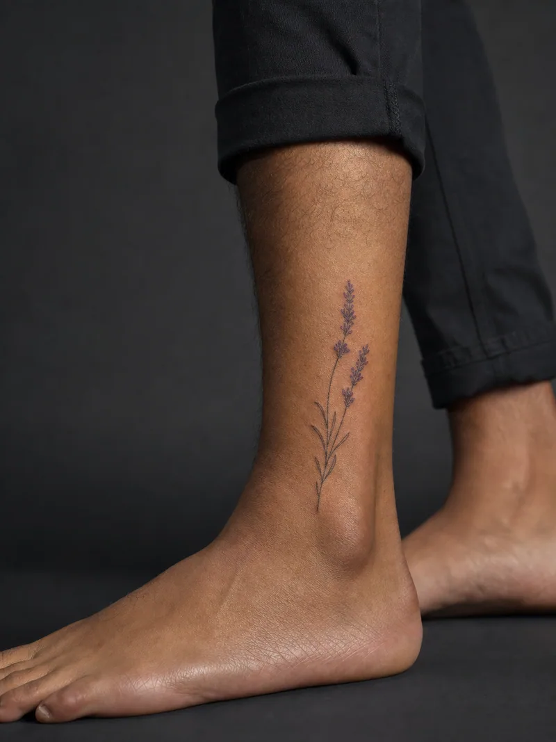 Lavender ankle tattoo - delicate lavender sprig rising vertically from the ankle