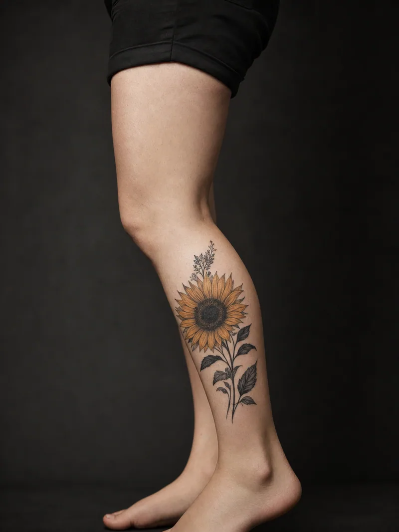 Sunflower calf tattoo - detailed sunflower with a dark centre and botanical leaves