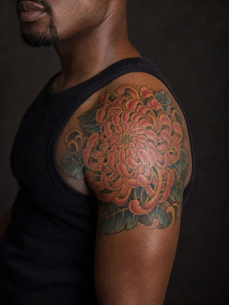 Chrysanthemum shoulder tattoo - large chrysanthemum shaped to the shoulder with layered coloured leaves
