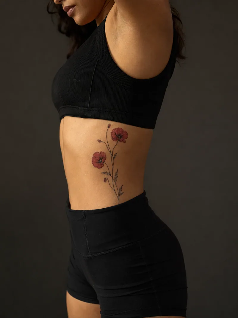 Poppy rib tattoo - slender poppy branch following the side ribs with restrained red petals