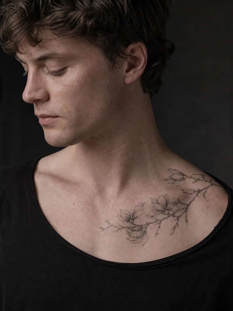Magnolia collarbone tattoo - magnolia branch sweeping asymmetrically toward one shoulder