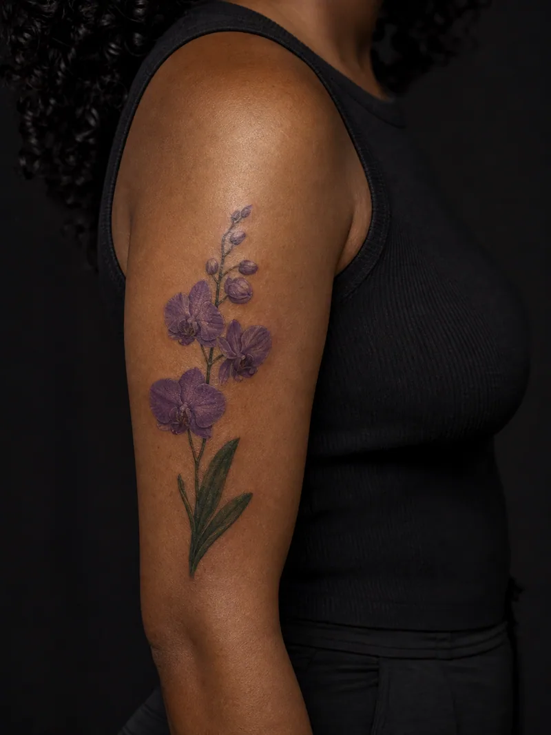 Orchid upper arm tattoo - realistic purple orchid stem with buds and deep green leaves