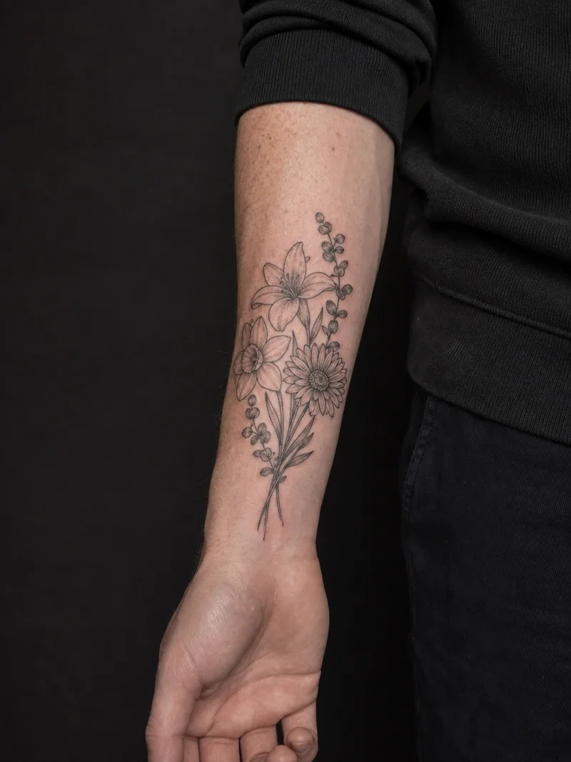 Birth flower bouquet tattoo - narcissus, aster, lily and eucalyptus gathered into one bouquet