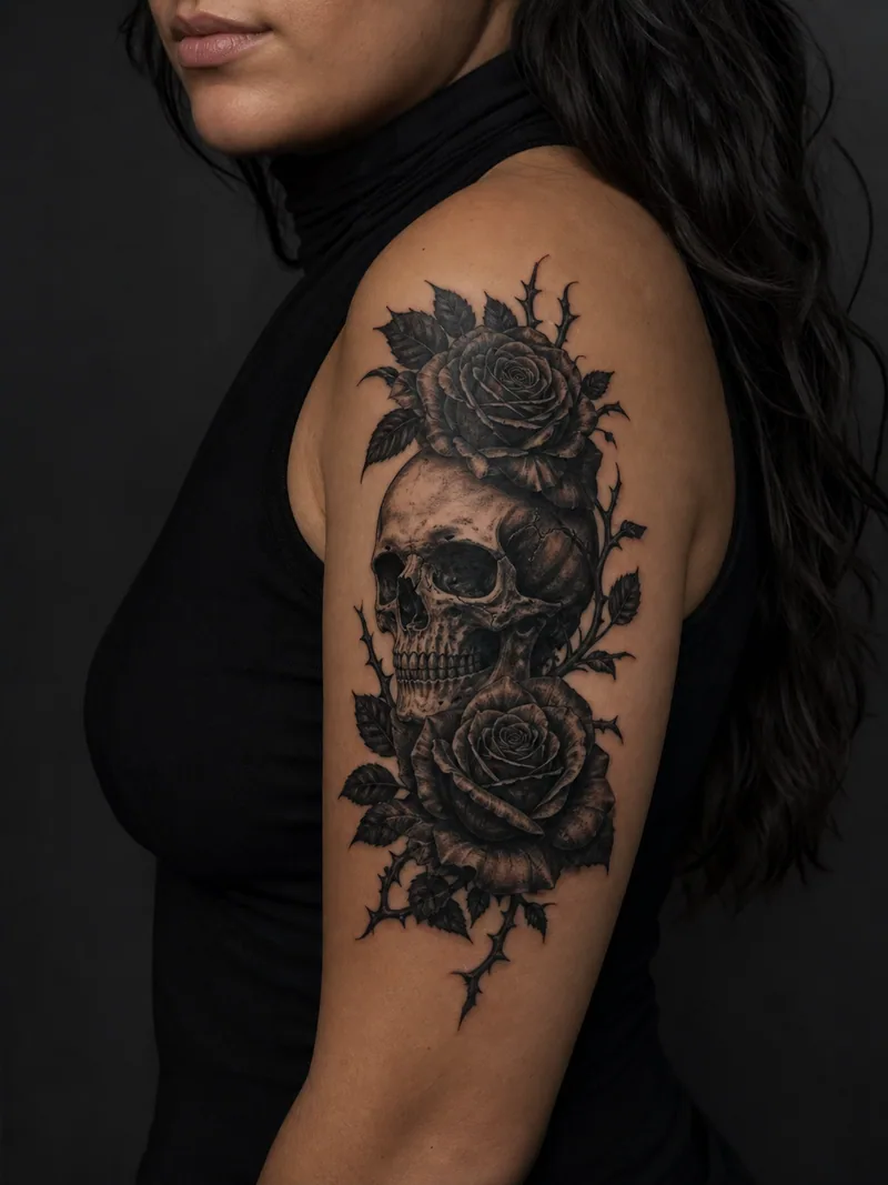 Skull and roses tattoo - detailed skull framed by two dark roses and thorny leaves