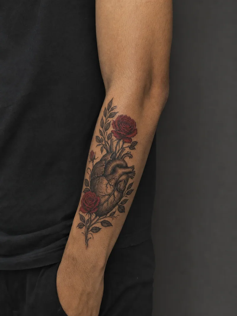 Anatomical heart tattoo - realistic anatomical heart growing roses and olive branches
