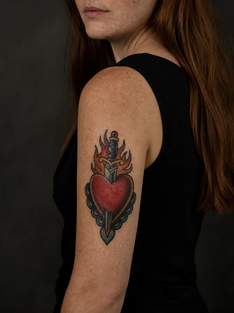 Traditional flaming heart tattoo - bold flaming heart pierced by a dagger with classic colour packing