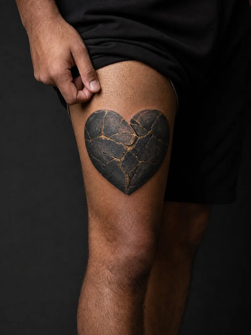 Broken heart tattoo - cracked stone heart repaired with visible gold seams