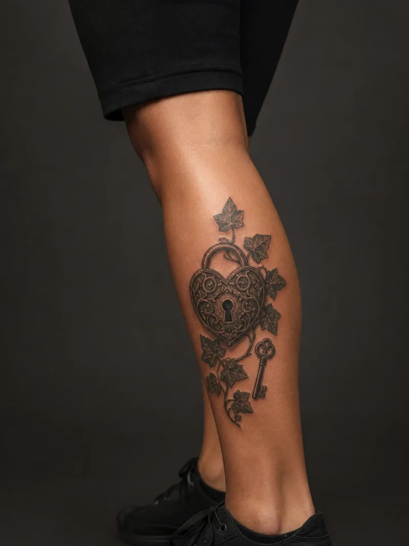 Heart lock and key tattoo - antique heart-shaped lock with a separate key, ivy and small leaves