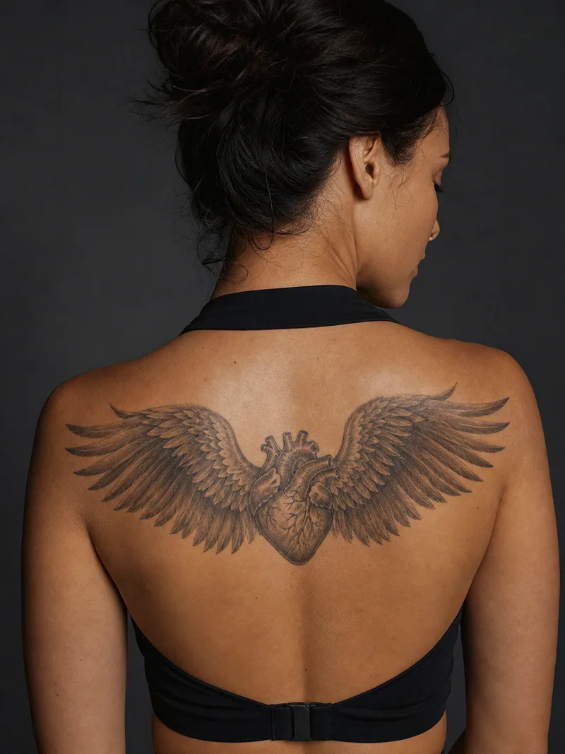 Heart with wings tattoo - central heart with large symmetrical feathered wings spread across the back
