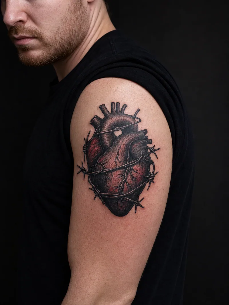 Barbed wire heart tattoo - dark heart wrapped tightly in barbed wire with restrained red highlights